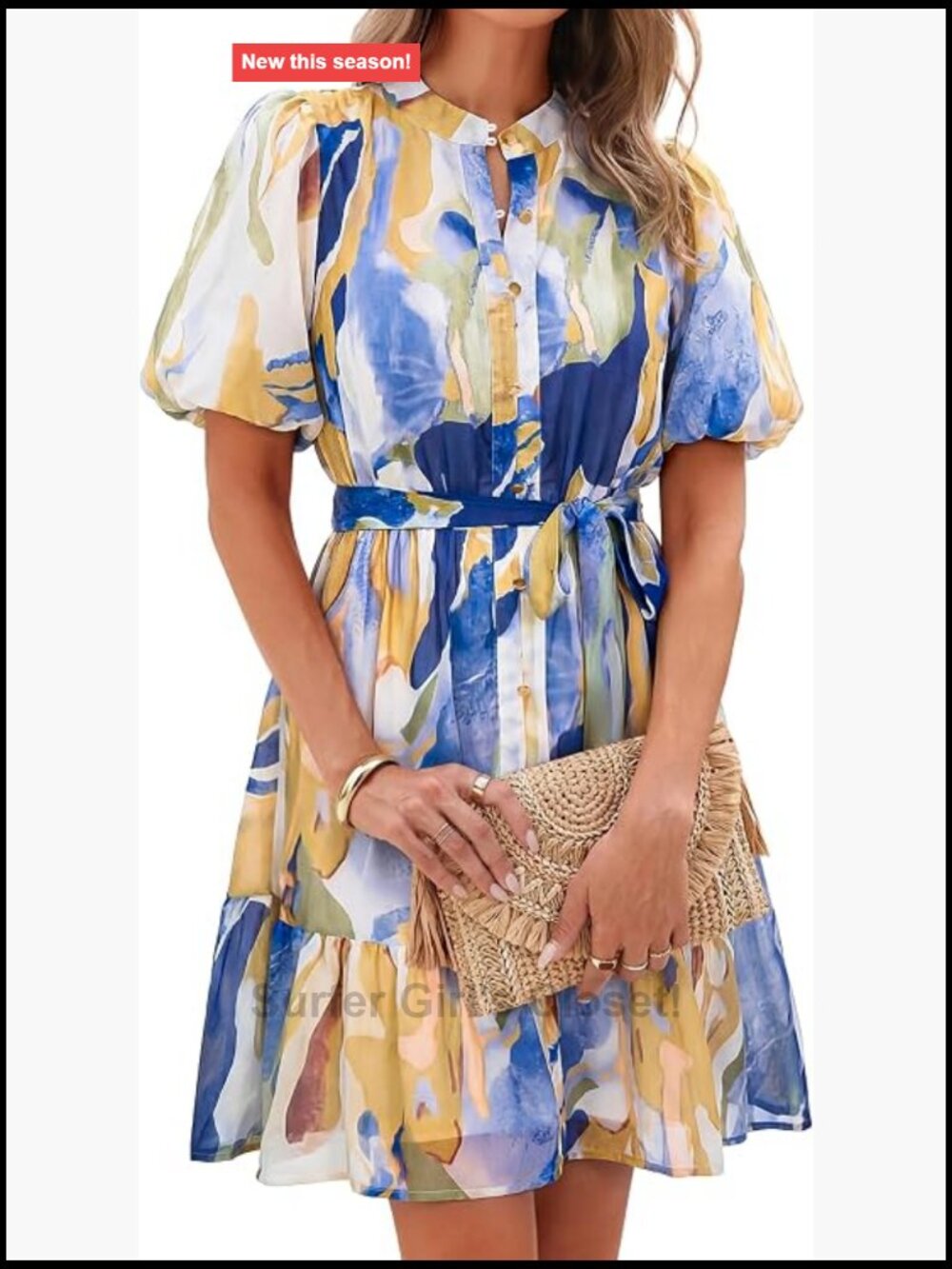 Floral V Neck Button Down A-Line Tiered Ruffle Boho Mini Dress, 100% Polyester